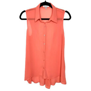 Nado Women's Blouse Sheer Button Down Front Collared Flowy Sleeveless Orange S